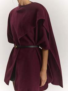 SHEIN BAE Women Deep Burgundy Wool Blend Cropped Jacket With Asymmetric Panel Design, Round Neck Oversized Coat With Belt, Elegant Chic For Office & Art Events - Burgundy - View 8