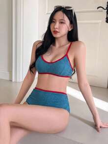 DAZY Setelan Baju Renang Dua Potong Gaya Liburan untuk Anak Perempuan: Atasan Tank Top Berkilau yang Melangsingkan dan Bawahan Bikini Segitiga Warna Kontras - Biru - View 4