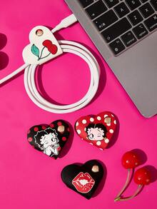 Betty Boop x SHEIN Retro Cartoon Heart Leather Cable Organizer Set Of 4, Snap-Button Design For Earphone & Cable Storage, Anti-Tangle Desk Tidy - Multicolor - View 3