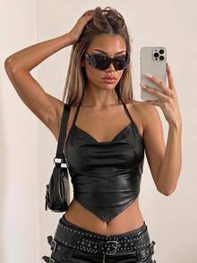 SHEIN ICON Draped Front Tie Backless Halter Top-Black Faux Leather - Black - View 1