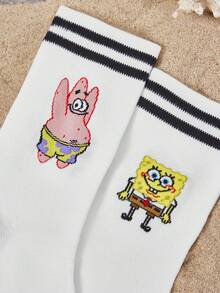 SpongeBob SquarePants | SHEIN 1 Pair Of Comfortable And Cute Cartoon Pattern Tube Socks - Black and White - View 3