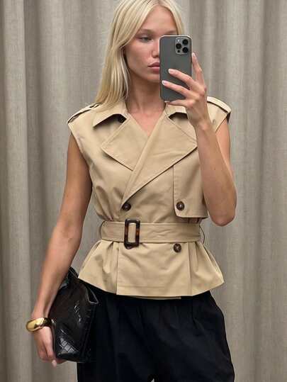 AiiRZ Sleeveless Trench Vest With Double-Breasted Buttons Belted Waist Epaulettes And Lapel Collar Spring Summer Outerwear