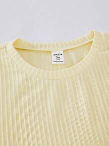 SHEIN 青少年女孩休閒度假圓領長袖T恤與粉色寬腿褲2件套，拼色腰部粉色拼接收腰設計 - 彩色 - 查看 6