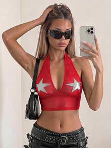 SHEIN ICON Star Print Backless Halter Red Top - Red - View 3