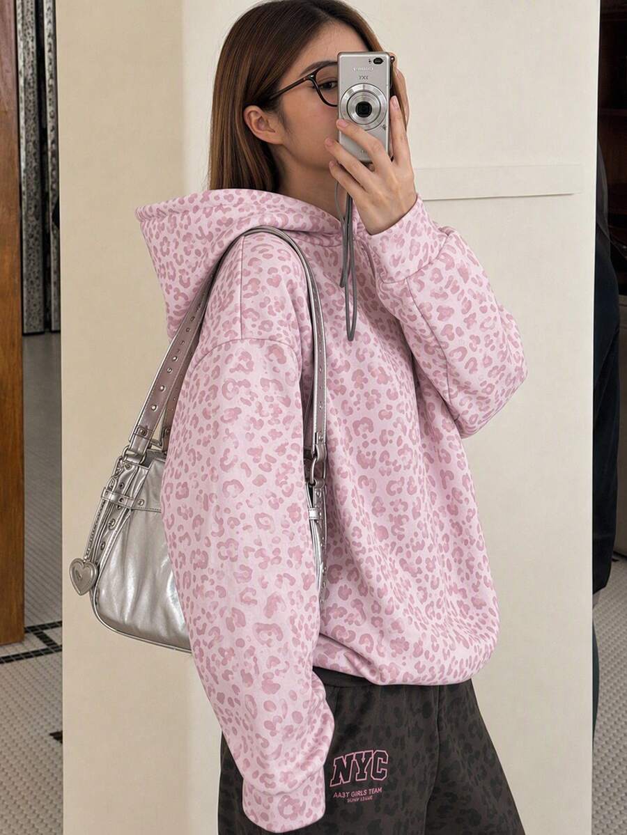 青少年女孩休閒極簡復古學院風粉色豹紋寬鬆圓領舒適長袖衛衣,適合秋冬,女孩秋冬衛衣,時尚女孩,甜美風格 - 彩色 - 查看 1