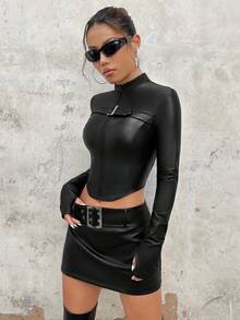 SHEIN ICON 女款秋冬 Y2K 拉鍊圓弧下擺 PU 皮革外套 - 黑色 - 查看 8