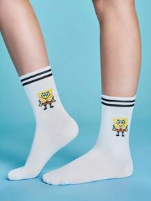 SpongeBob SquarePants | SHEIN 1 Pair Of Comfortable And Cute Cartoon Pattern Tube Socks - Black and White - View 5