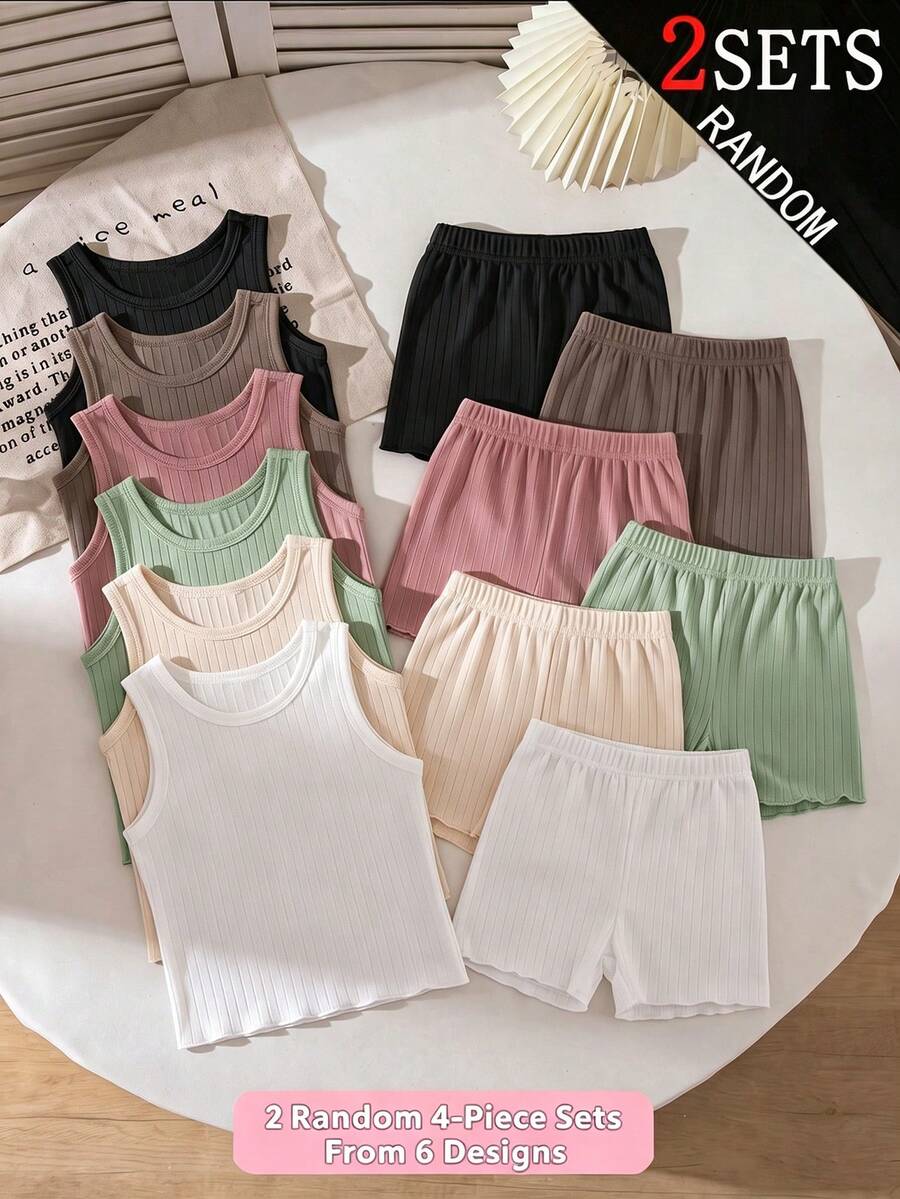 【6套隨機發2套】少女秋冬針織羅紋圓領背心短褲8件套,羅紋面料,灰色、棕色、杏色、粉色、多色,熱銷休閒內搭內衣,4件2套 - 彩色 - 查看 1