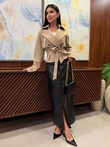 Yohana Edit Khaki Cinched Waist Waist Short Women's Trench Coat, Versatile For Autumn/Winter,Fall - Khaki - View 5