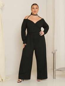 Lele Munniz Plus Size Frilya Women Solid Color Off-Shoulder Ruched Wide Leg Jumpsuit - Black - View 6