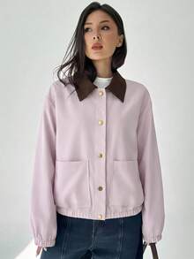 Aloruh Women's Fashion Single-Breasted Long Sleeve Pocket Jacket Streetwear - Pink - View 5