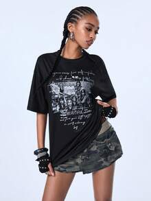 Y2Kool Women's Black Graphic Casual Streetwear Grunge Versatile Mid-Length Loose Fit Printed Short Sleeve T-Shirt Summer Concert Rave Halloween - Black - View 3