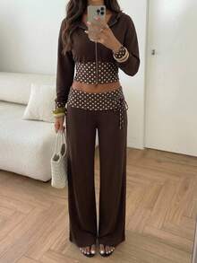 Aloruh Pantalon de survêtement extra long à taille basse, coupe ample, à pois et blocs de couleurs pour jeunes femmes - Jaune clair - Voir 2