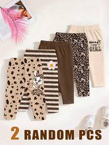 (2 Random Pcs) Baby Girl Simple Leopard Print Bow White Rabbit Funny Letter Stripe Flower Pattern Printed Basic Leggings - Multicolor - View 3