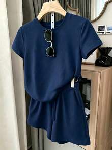 Resyla Women's Casual Daily Commute Solid Color Short Sleeve T-Shirt And Drawstring Waist Shorts 2-Piece Set, Summer - Navy Blue - View 6
