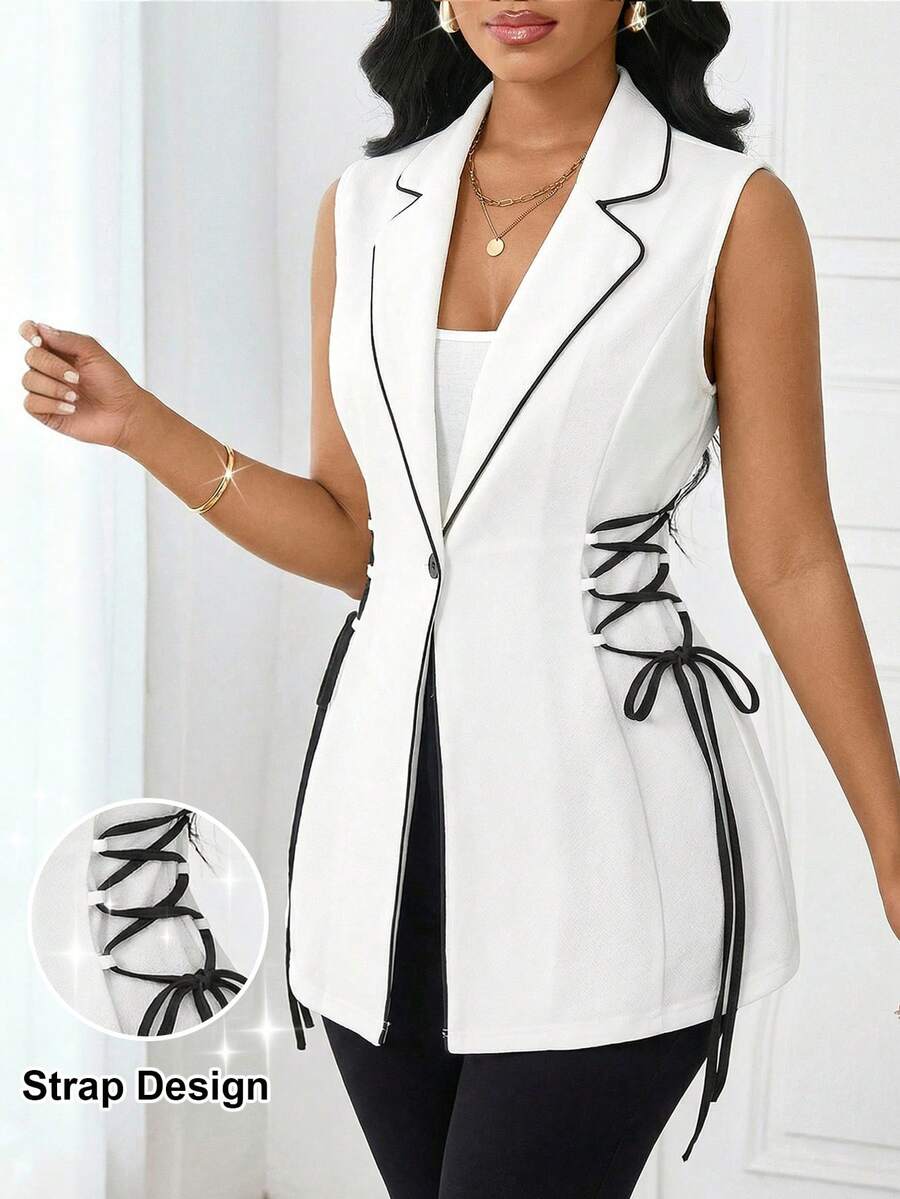 SHEIN Lady بليزر مقاس كبير برباط سحب وأزرار وياقة متباينة اللون، أبيض، صيفي، كاجوال أنيق، مناسب للمكتب والحفلات الرسمية - أبيض وأسود - مشاهدة 1