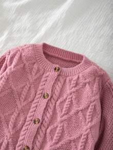 SHEIN 女童純色針織圓領泡泡袖休閒開襟針織衫 - 粉色 - 查看 7