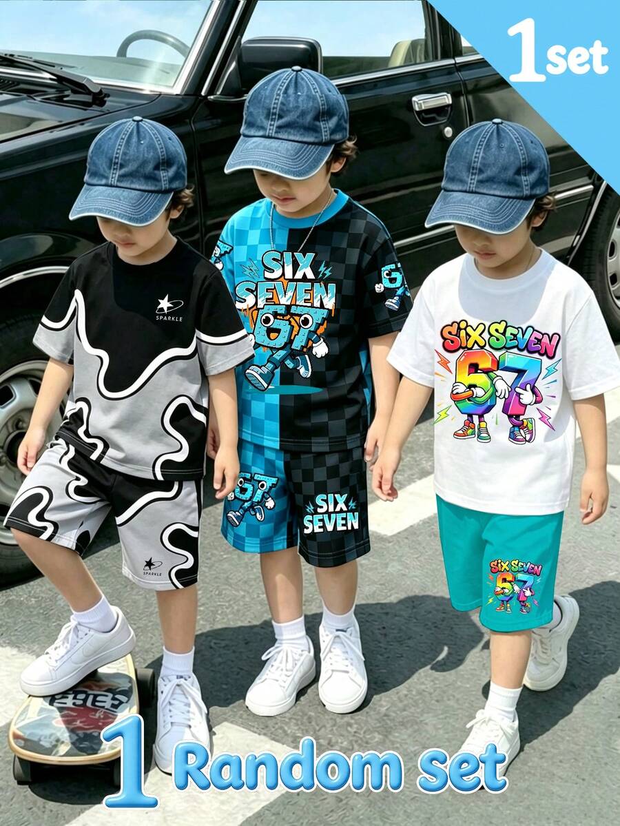 SHEIN 1 Random Set, Colorblock Letter Block Print Short Sleeve Set, Casual Fashion Style - Multicolor - View 1