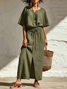 SHEIN Holidaya 夏季寬鬆棉質襯衫洋裝－收腰休閒度假洋裝 - 軍綠色 - 查看 5