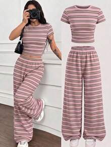 Teen Girls Casual Striped Pattern Vacation Summer 2 Pieces Set - Multicolor - View 4