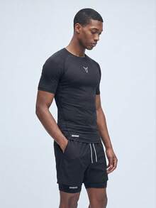 Nelvento Soul 2pcs Men's Short Sleeve Top And Drawstring Shorts Two Pieces Sport Suit, Fitness Outdoor Casual Workout Set Gym Compression Sports Black - Black - View 1