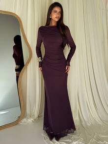 Aloruh Women's Solid Color Pleated Slim Fit Long Sleeve Evening Dress - Burgundy - View 5