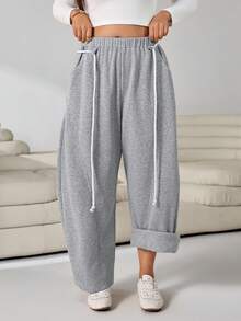 Solflare Casual Versatile Grey Curved Leg Plus Size Sweatpants - Light Grey - View 3