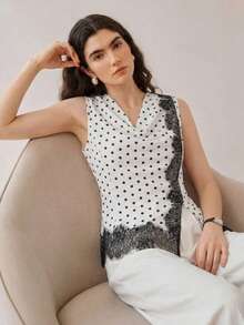 SHEIN Women's Polka Dot Cowl Neck Patchwork Lace French Elegant Sleeveless Top - Black and White - View 7