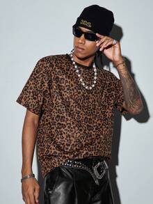 Modcrash New Leopard Print T-Shirt, Casual Dropped Shoulder Hiphop Style Round Neck Short Sleeve Top For Men - Yellow - View 1