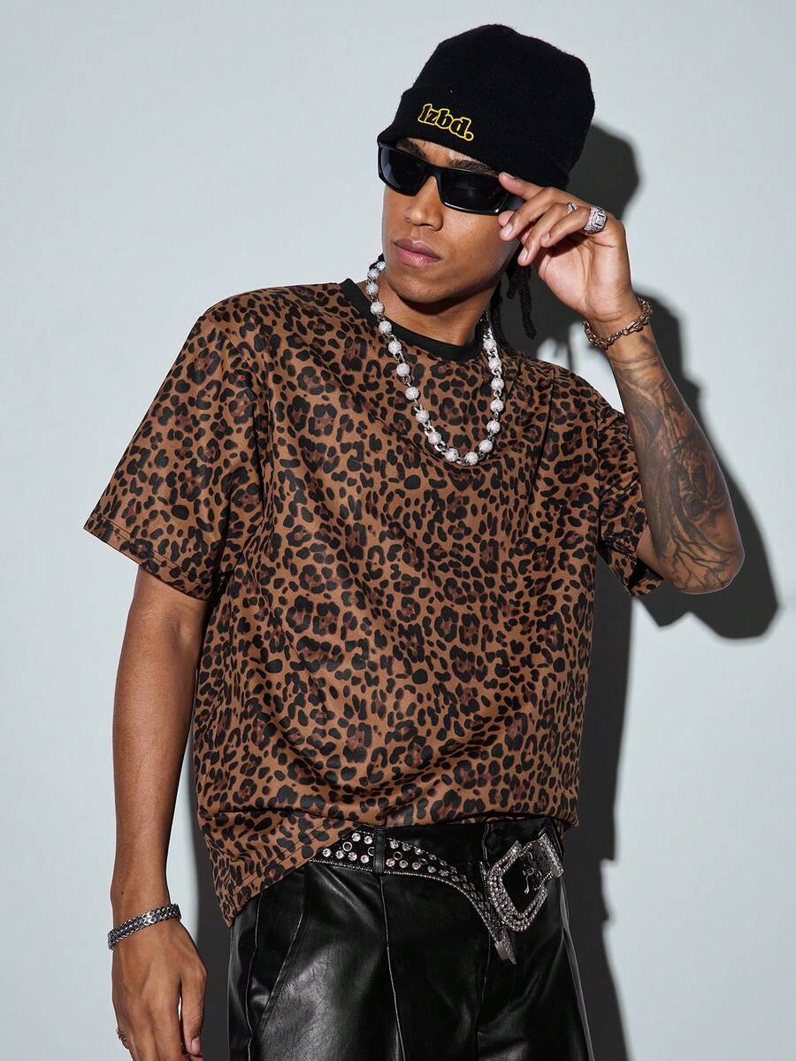 Modcrash New Leopard Print T-Shirt, Casual Dropped Shoulder Hiphop Style Round Neck Short Sleeve Top For Men - Yellow - View 1
