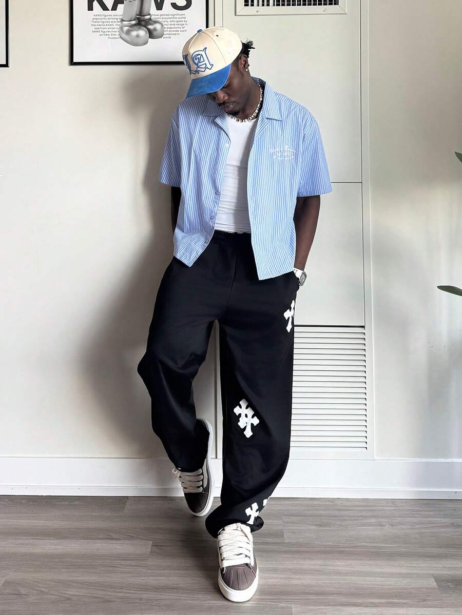 Harrin Don Harrin Don Men's Casual Street Cross Print Loose Straight Jogger Pants - Black - View 1