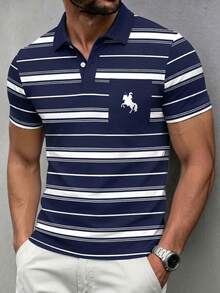 Manfinity Dauomo 男士夏季休閒 Polo 衫，標準尺寸，對比色條紋印花，深藍與白色系列，小馬印花，休閒商務風，日常穿著，辦公服飾 - 彩色 - 查看 1