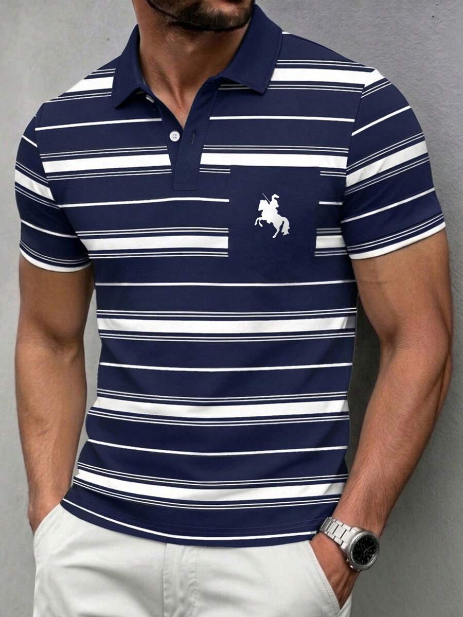Manfinity Dauomo 男士夏季休閒 Polo 衫,標準尺寸,對比色條紋印花,深藍與白色系列,小馬印花,休閒商務風,日常穿著,辦公服飾 - 彩色 - 查看 1