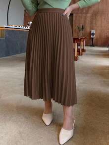 Dazy Plus Rok Lipit Elegan Warna Polos untuk Musim Semi/Panas, Rok Cokelat Serbaguna - Coklat - View 2