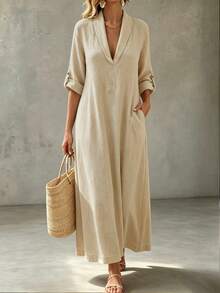 Linhara CURVE Autumn New Loose Casual Traditional Solid Color Plus Size Dress, Suitable For Outings And Daily Gatherings Fall Formal Wedding Guest Beige - Apricot - View 3