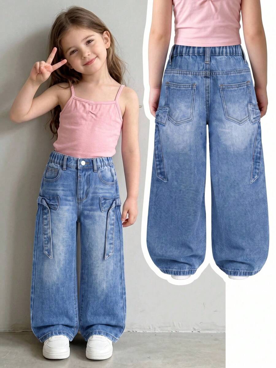 SHEIN Elladie kids 女童休閒日常復古水洗藍色牛仔寬腿牛仔褲，寬鬆舒適褲款，側邊綁帶蝴蝶結設計，適合日常穿著與度假場合