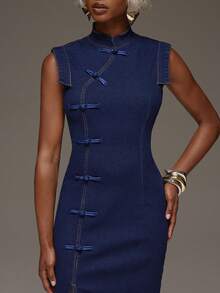 Normani Women's Fall Fashion Frog Button Slit Slim Fit Denim Dress Dinner Everyday Party Navy Blue Elegant Retro - Dark Wash - View 5