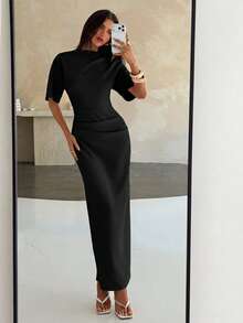 Aloruh New Solid Color Versatile Elegant Intellectual Minimalist Office Commute Waist-Cinching Ruched Decor Loose Top Fitted Hip Long Short Sleeve Dress - Black - View 5