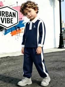 SHEIN 2pcs/Set Boys Minimalist Classic Black & White Matching Outfit, Top With 3D Letter Embroidery, Pants With Cuffed Hem & Patchwork Design, Casual Sporty Style For Daily Wear & School - Navy Blue - View 9
