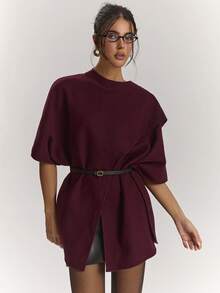 SHEIN BAE Women Deep Burgundy Wool Blend Cropped Jacket With Asymmetric Panel Design, Round Neck Oversized Coat With Belt, Elegant Chic For Office & Art Events - Burgundy - View 6