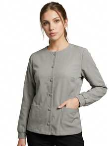 TaskEZ Light Gray Long Sleeve Crew Neck Double Pocket Convenient Comfortable Scrub Uniform Jacket - Light Grey - View 3