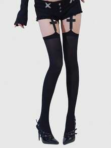 ROMWE Grunge Punk 1 Pair Dark Punk Gothic Cross Pattern Garter Stockings, Halloween Style - Black - View 8