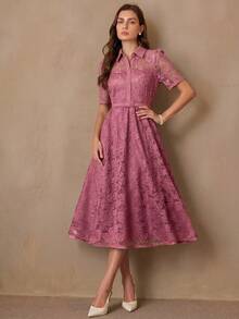 BELROSIE Elegant Elegant Women's Minimalist Chic Date Luxury High-End Exquisite Heavy Lace Fabric Shirt Collar With Belt Waist-Cinching Slimming A-Line Button-Up Front Short Sleeve Mid-Length Dress - Pink - View 4