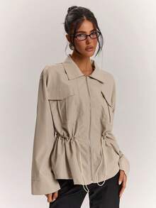 SHEIN BAE Women's Autumn/Winter Daily Commute Versatile Linen Pigment Dyed Lapel Metal Zipper Elastic Cinched Waist Long Sleeve Jacket - Khaki - View 6
