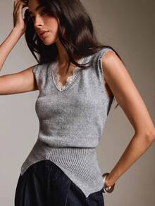 COSMINA Women's Casual Elegant Lace Collar Trim Knit Vest Everyday Work Homewear Grey Autumn - Grey - View 5