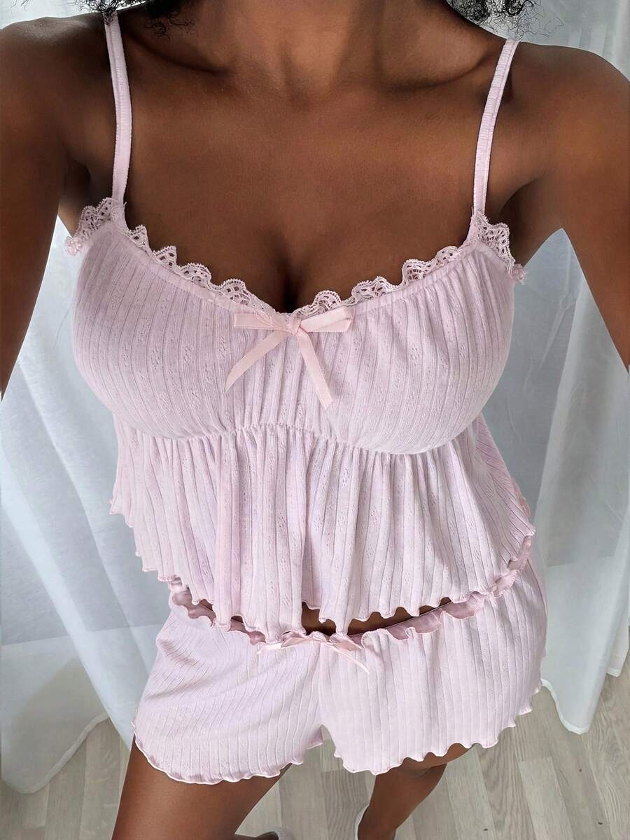Strévra 女款純色對比蕾絲蝴蝶結裝飾吊帶背心與短褲睡衣套裝 夏季 - 粉色 - 查看 1