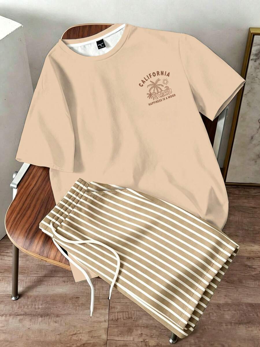 Daypath Men's Coconut Tree Print T-Shirt And Striped Shorts Set - Apricot - View 1