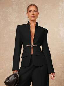 Lumalex Early Spring High Collar, Front Mid-Deep V-Neck, Contrast Color Leather Button - Black - View 8