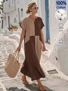 Faunlyn Women's Vacation Casual Tropical Minimalist Colorblock Patchwork Dress Shades Of Brown Summer Picnic - Brown - View 1