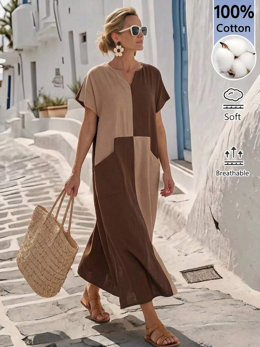 Faunlyn Women's Vacation Casual Tropical Minimalist Colorblock Patchwork Dress Shades Of Brown Summer Picnic - Brown - View 1